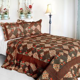 [Bubbly] Cotton 3PC Vermicelli-Quilted Striped Printed Quilt Set (Full/Queen Size)