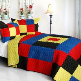 [Football Glory] 3PC Vermicelli-Quilted Patchwork Quilt Set (Full/Queen Size)