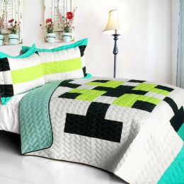 [Tetris - C] Vermicelli-Quilted Patchwork Geometric Quilt Set Full/Queen